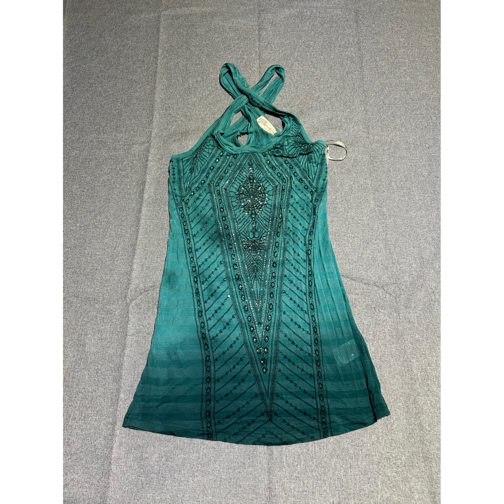 Miss Me‎ Top Women Medium Teal Green Embellished Mulberry Silk Blend Vintage Y2K
